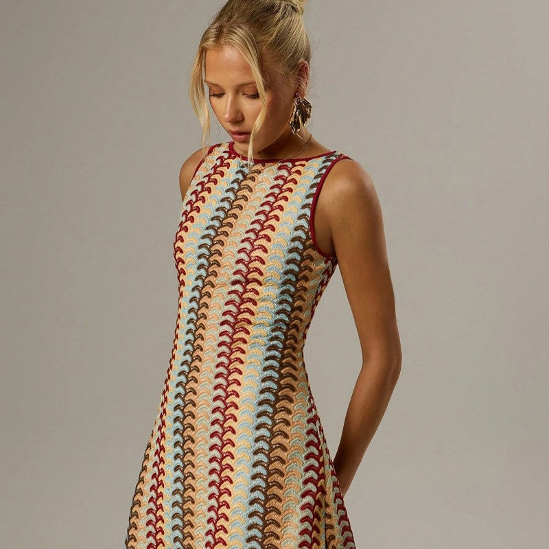 Irregular Printed Knitted Mini Dress For Women Chic Backless Slanted Shoulder Sl
