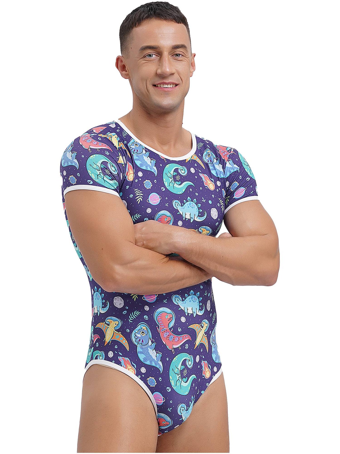 Mens Cute Cartoon Print Bodysuit Sissy Pajamas Short Sleeve Buttoned Crotch Diaper Rompers Gay Male Onesies Sleepwear Loungewear
