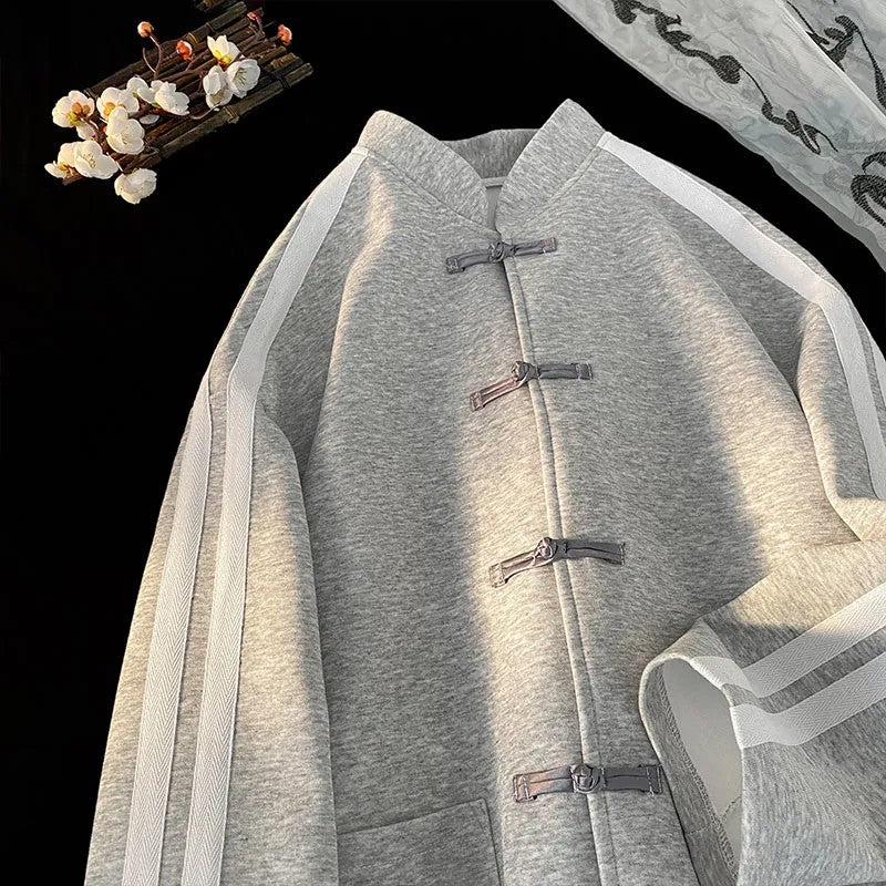 New Chinese Style Buttoned Cardigan Sweatshirt for Men Women 2025 Spring Loose Top Trendy Brand Chinese Style Heavyweight Jacket