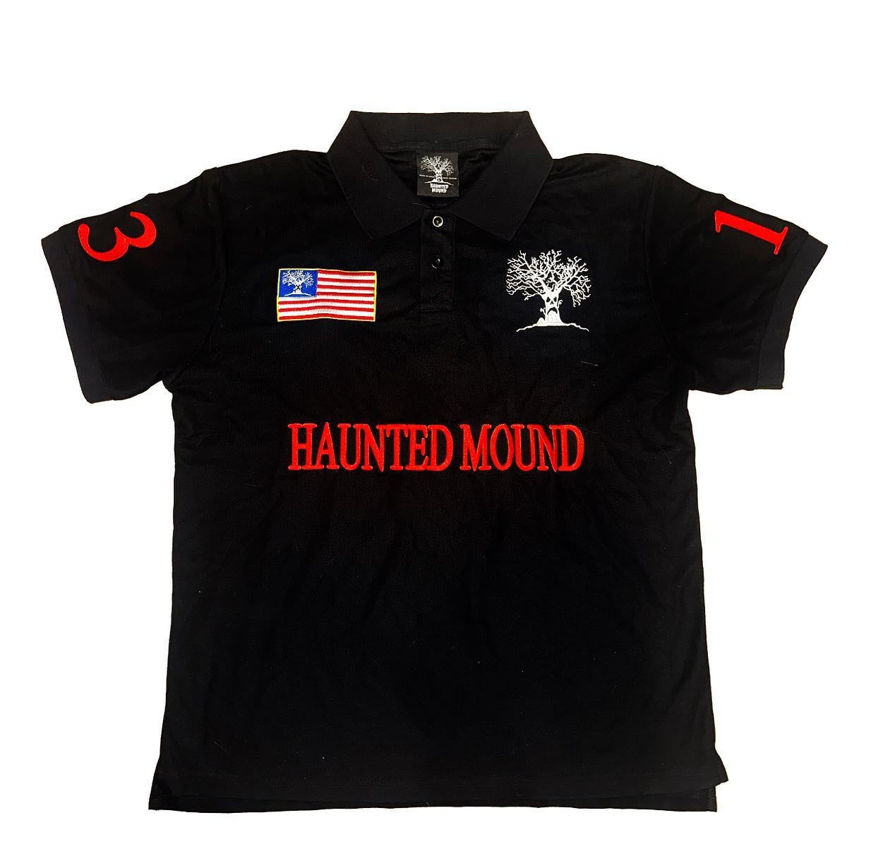 Haunted Mound America Long Sleeve Polo Shirt Y2k Casual Retro Patchwork Pattern Embroidery T Shirts Street Sweatshirt Jersey Men