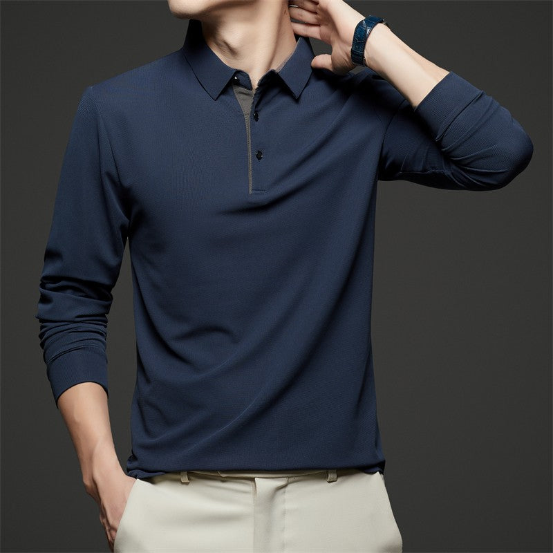 New Men's Business Casual Long Sleeve Solid Color Polo Shirt Fashionable Warm Comfortable Four Seasons Versatile Top