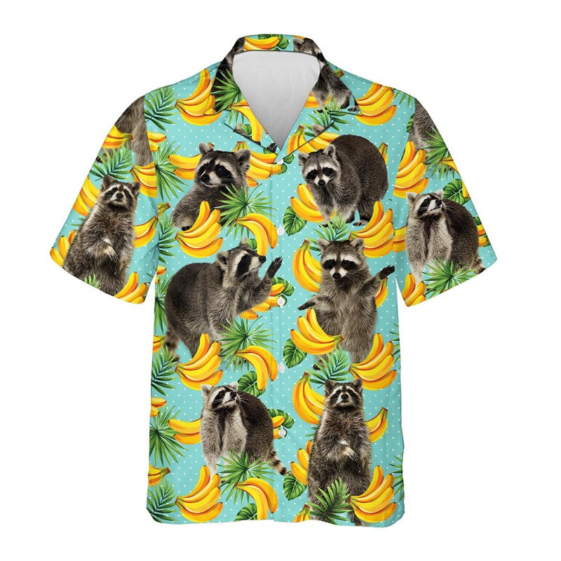 Funny Raccoon 3D Print Shirts For Men Hawaiian Casual Short Sleeve Lapel Blouse