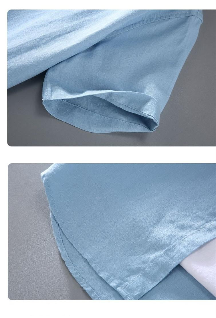 Cotton Linen Hot Sale Men's Short-Sleeved Shirts Summer Streetwear Plain Color Stand Collar Casual Beach Style Plus Size M-3XL