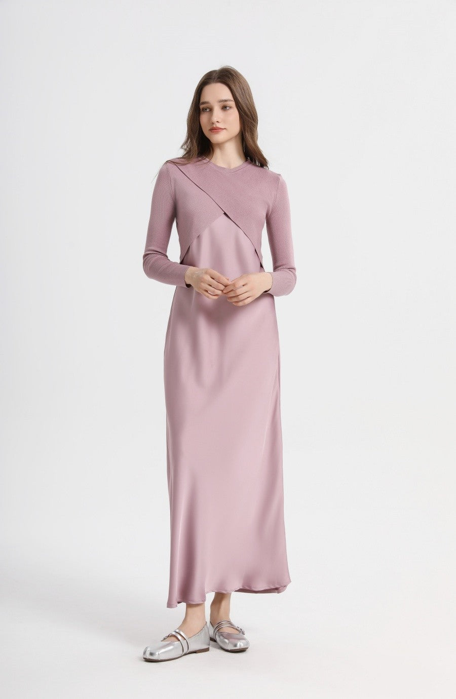 AS 2025 spring summer elegance satin dress + knitted top match set maxi floor le