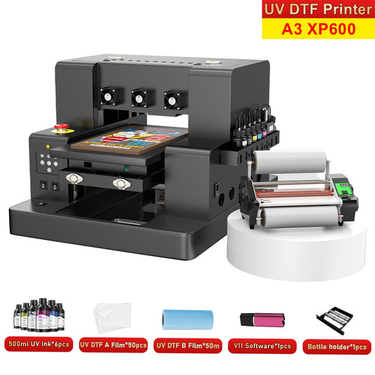 A3 UV Printer XP600 UV Flatbed Printing Machine with Varnish A4 A3 UV DTF Printer For Pen Metal Wood Acrylic UV Sticker Printer