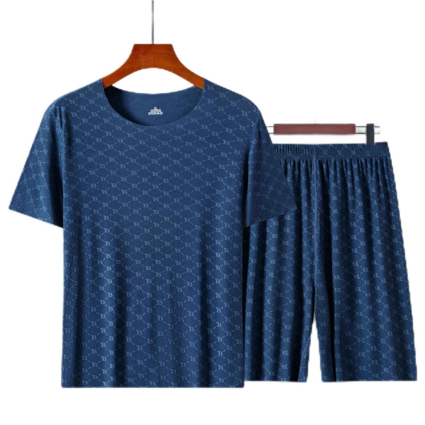 Summer Men's Pajamas Homewear Set Printed Ice Silk T-Shirt Short-Sleeved Modal Casual Pajamas Men's Pajama Trousers Thin Suit
