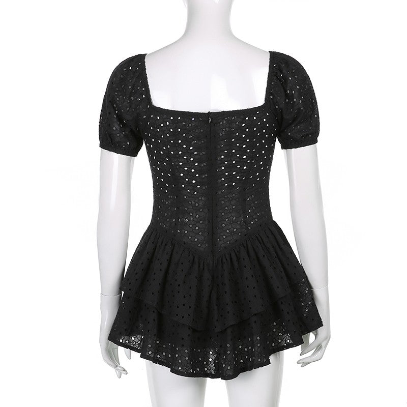 V Neck Ruffles Pleated Dress Women Puff Sleeve Chic Black Summer Dress 2025 Part