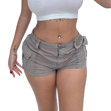 Women Cargo Shorts Solid Color Vintage Elastic Casual Summer Low Waist Shorts with Pockets for Nightclub Streetwear