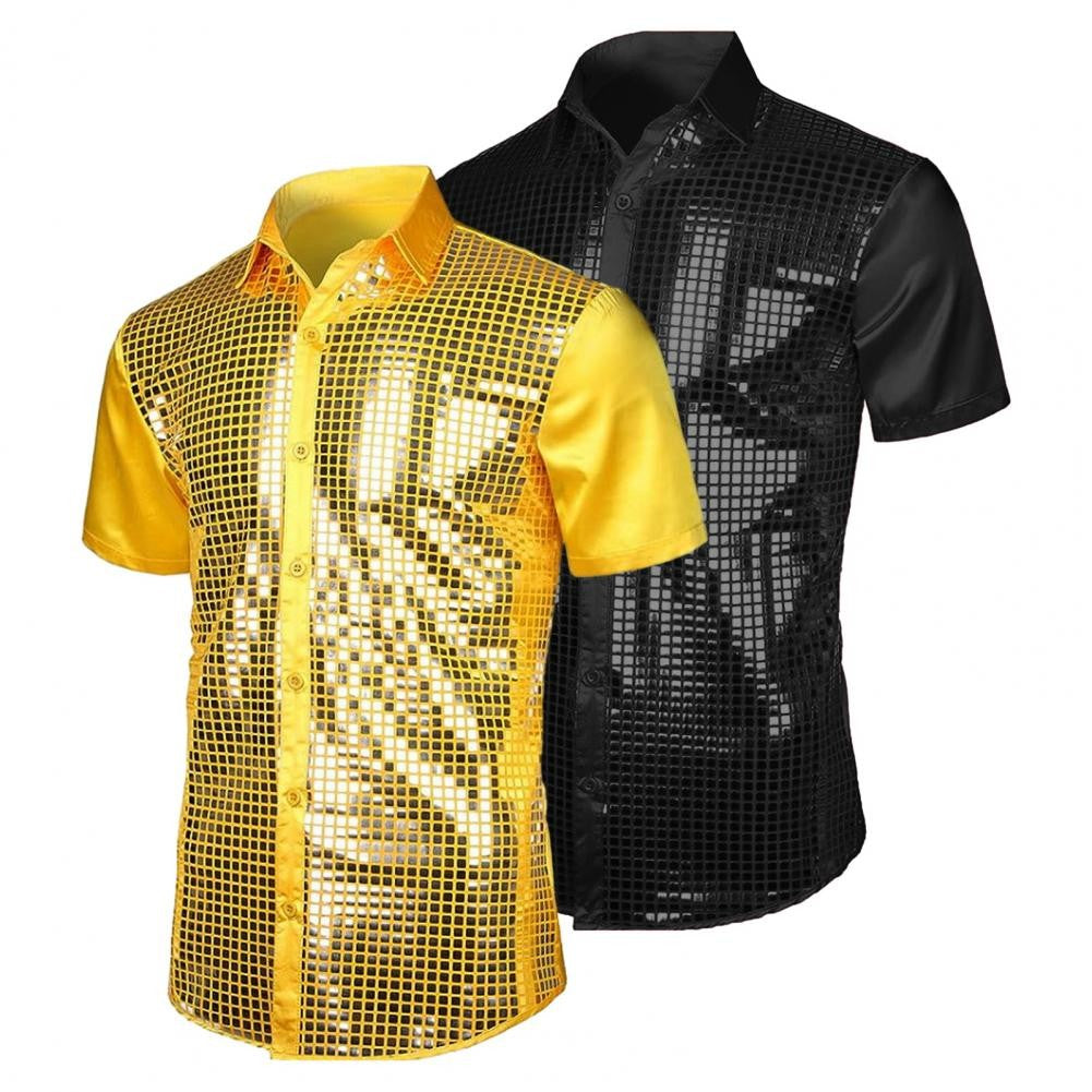 70s Shiny Surface Men Shirt Turn-down Collar Single-breasted Long Sleeves Buttons Cotton Shirt Club Party Disco Stage Show Shirt