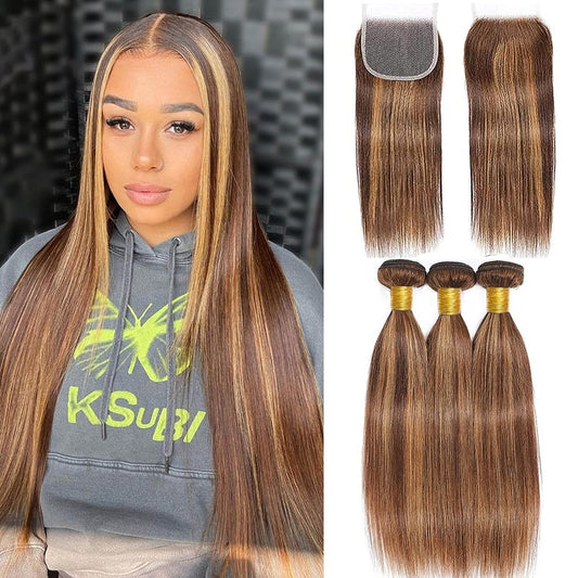 destaque 12A Pacotes de Cabelo Humano Liso com Fechamento Loiro Mel Pacotes de Cabelo Humano 100% Virgem Cru Birmanês