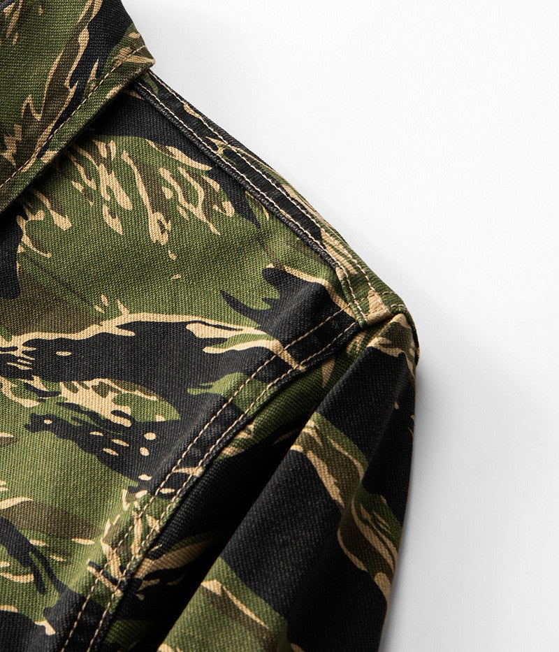 2025 Spring Men's Tiger Stripe Camo Camouflage Cargo Shirt Fashion Work Engineer Long Sleeved Shirt Jacket With Double Pockets