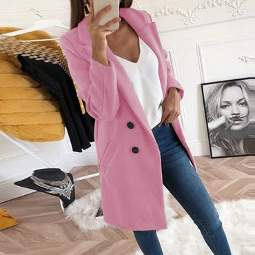 Women's fashion new long trench coat; vintage women's jacket; solid color long sleeve lapel woolen coat; elegant women's autumn