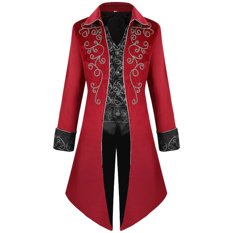 2025 Medieval Vintage Silver Trim Jacquard Men's Tuxedo, COS Prom Performance Steampunk Dress Jacket, Easter Halloween Costumes