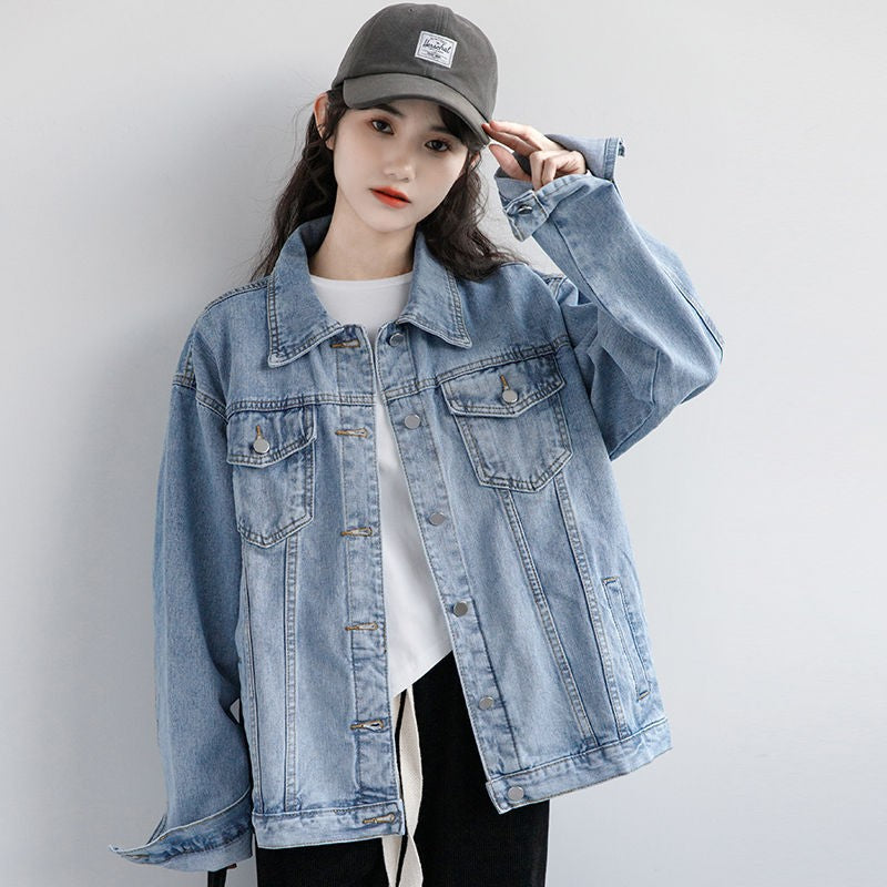 Vintage Women Jacket 2024 Autumn Winter Oversize Denim Jackets Washed Blue Jeans Coat Turn-down Collar Outwear Bomber Jacket