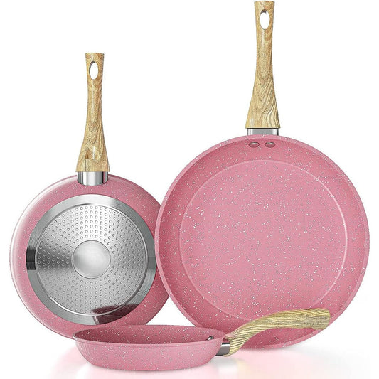 Non stick frying pan set, 8-inch, 9.5-inch, and 11 inch pink egg pans, anti warping base, compatible with induction
