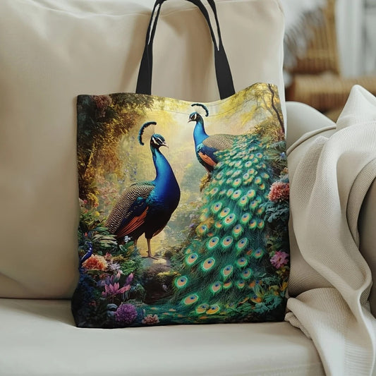 1pc Vibrant Peacock Pattern Tote Bag - Lightweight, Durable Polyester with Fixed Shoulder Straps, Ideal for Grocery Shopping