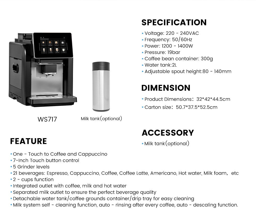 Mcilpoog WS817 -7"colorfAutomatic Espresso Machine with Milk Frother, 21 Flavors for Home & Office