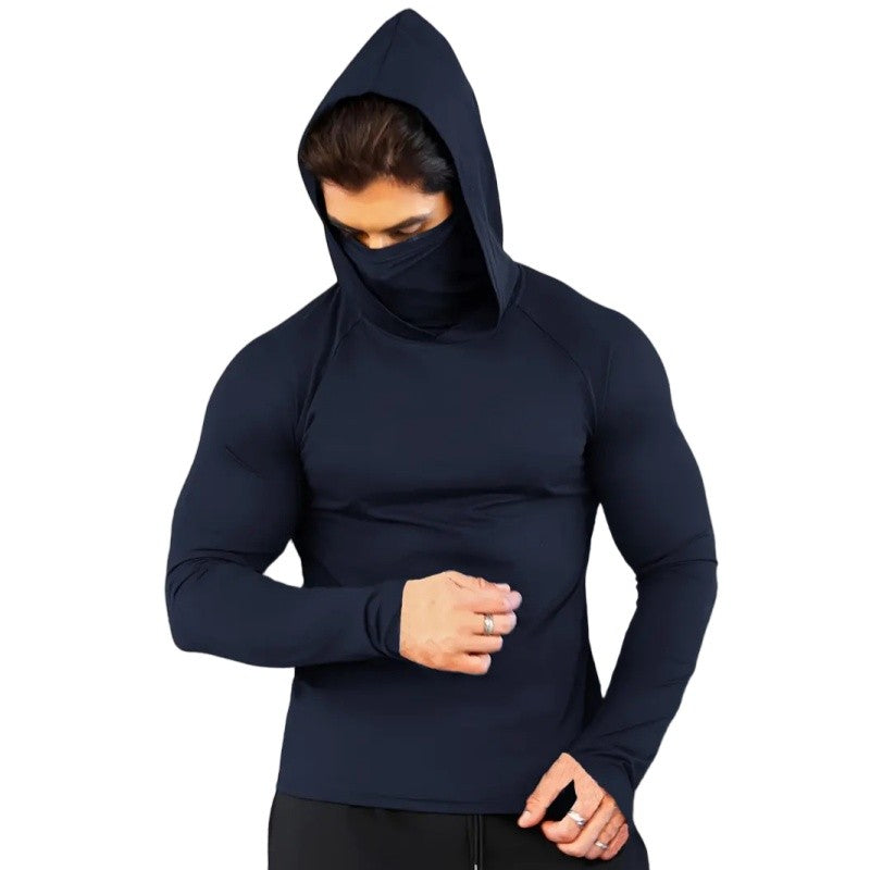 Men Compression t Shirt Soild Casual t-Shirt Long Sleeve Fitness Tops Running Gym t-Shirts Hooded Shirts With Mask Male Clothes