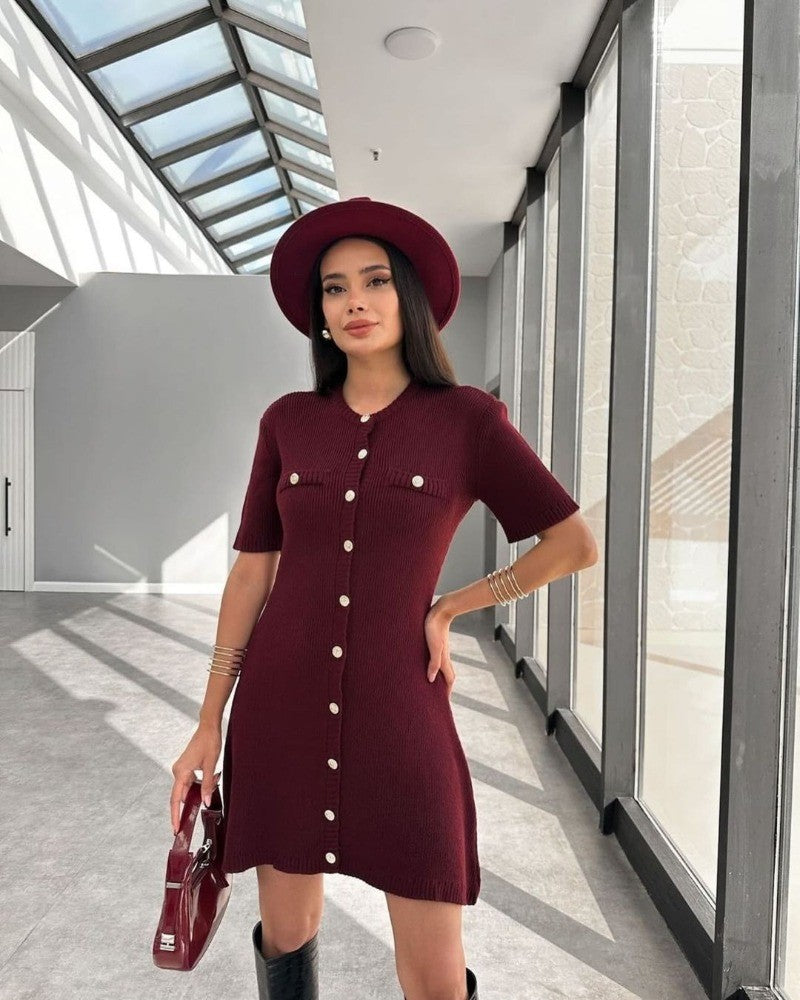 Trendix Elegant Knit Mini Dress Women Street Slim High Waist Short Sleeve Rib Sw