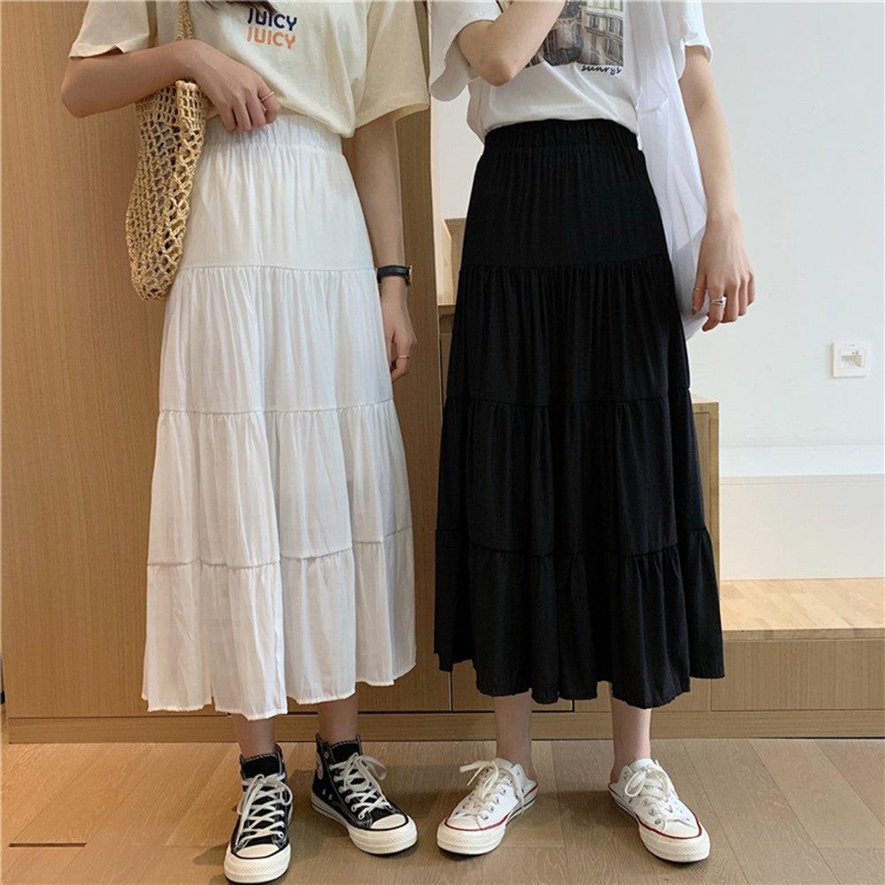 Spring Summer Women Chiffon Skirts Vintage High Waist Elastic Patchwork White Bl
