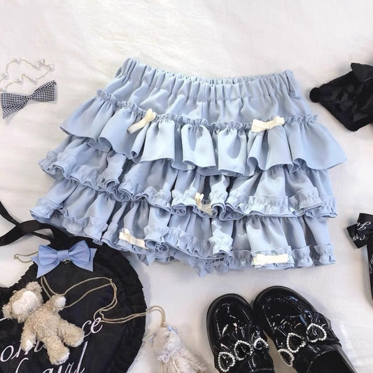 2025 Summer New Versatile Women's Clothing Blue Bow Lace Cake Tutu Mini Skirt Kawaii Pink Sweet Cute Thin A-line Skirts Ladies