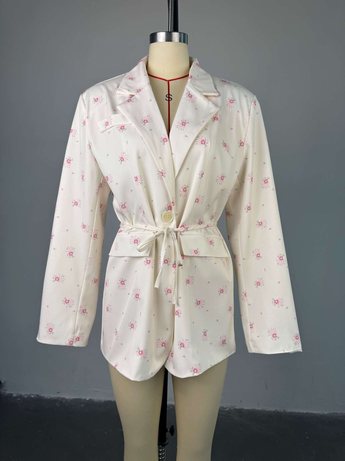 Women's 2025 Spring/Summer New Fashion Printed Loose Suit Collar Belted Waist - cinching Suit Jacket