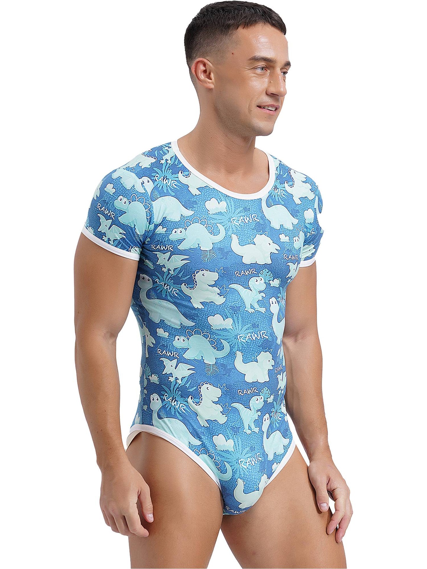 Mens Cute Cartoon Print Bodysuit Sissy Pajamas Short Sleeve Buttoned Crotch Diaper Rompers Gay Male Onesies Sleepwear Loungewear