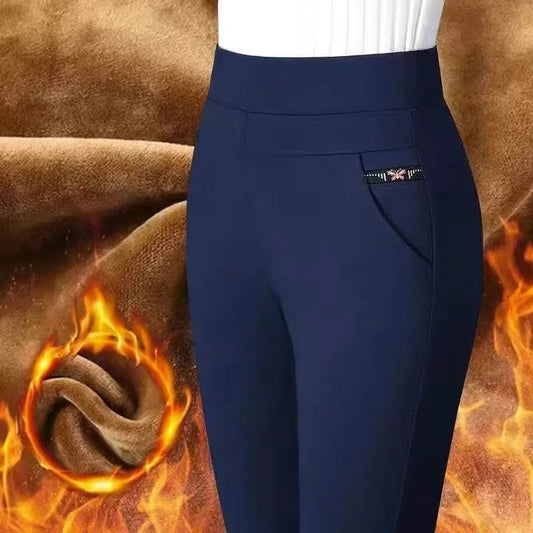 High Waist Thickened Fleece Elastic Straight Leg Pants plus Size Slimming Mom Jeans for Older Women Autumn Winter Trousers