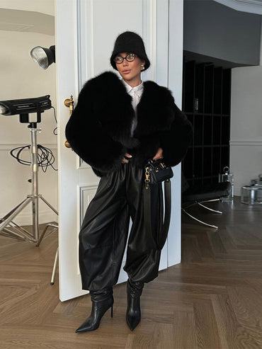 Street PU Leather Bloomers Women Elastic Waist Hip Hop Wide Leg Pants Street Balloon Lace Up Jogger 2025 Autumn New Casual Pant