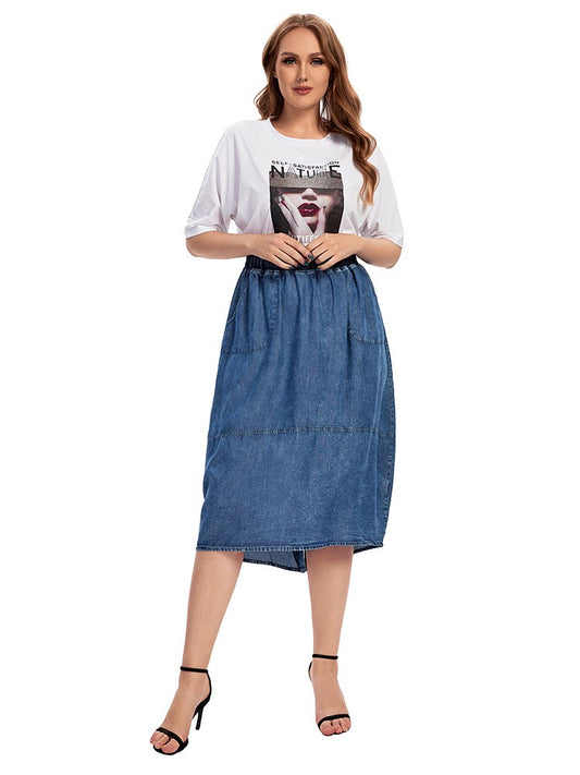 Women's plus Size Casual Denim Skirt High Waist ALine KneeLength Blue Vintage Flared Skirts for plus Size Women