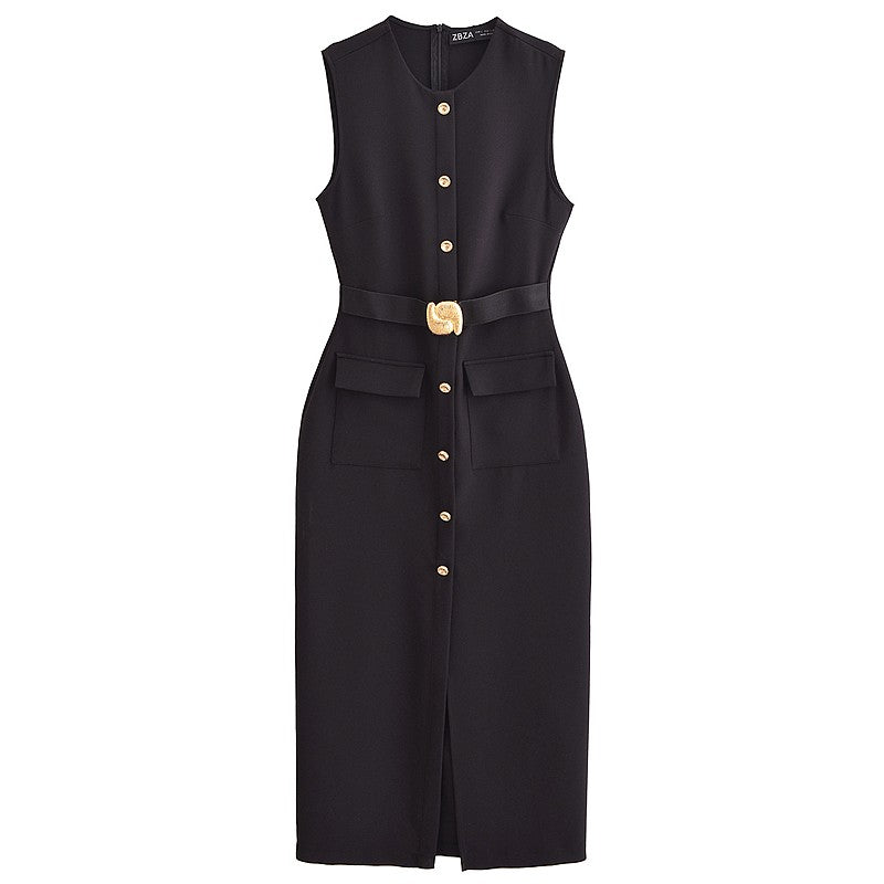 HXAO Womens Black Dresses Belt Long Dresses Summer 2025 Casual Women's Dresses M