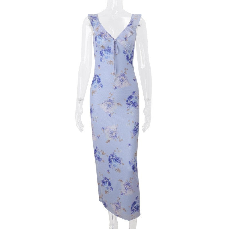 Cryptographic Summer Floral Print Plunge Maxi Dress Outfits Sexy Backless Fairy
