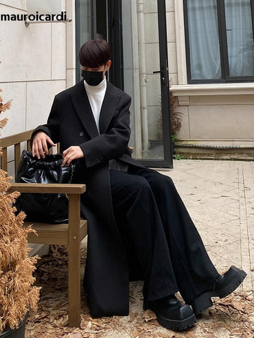 Mauroicardi Autumn Winter Long Warm Coffee Black Soft Woolen Coat Men Double Breasted Loose Casual Wool Blends Overcoat 2023