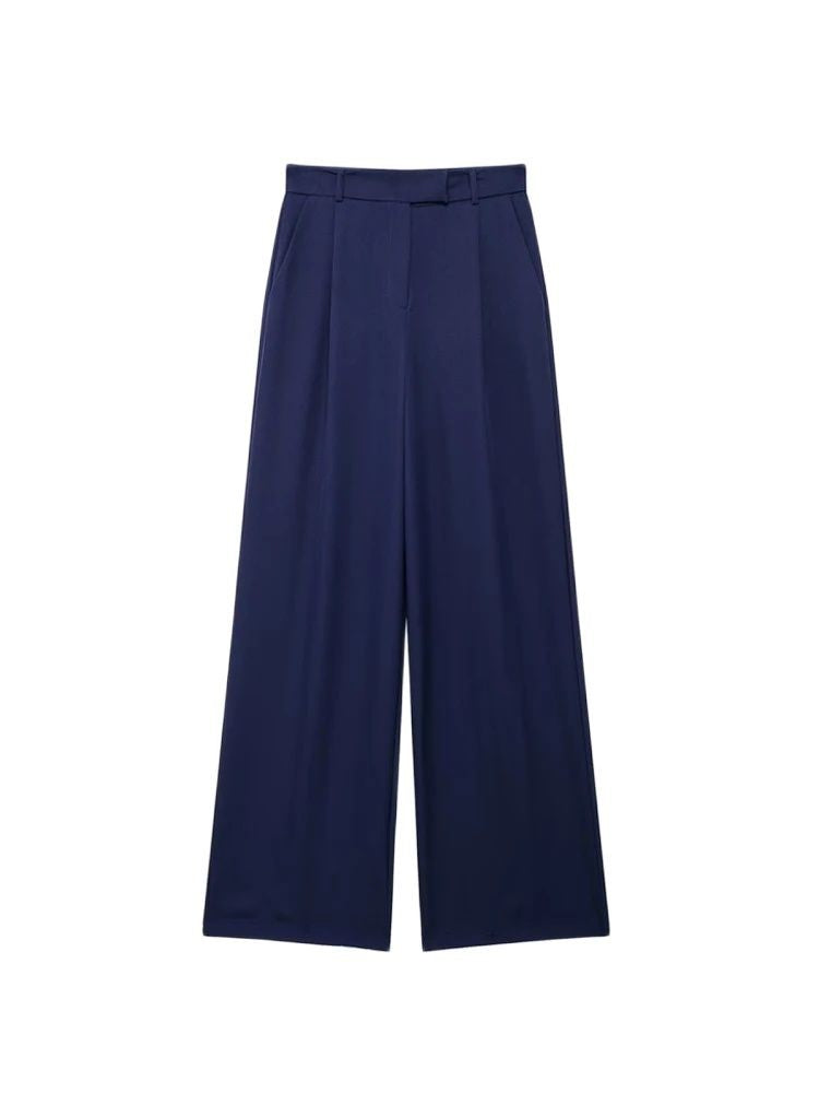 TRZA Women Fashion With Darts Front Pockets Wide Leg Pants Vintage High Waist Zi