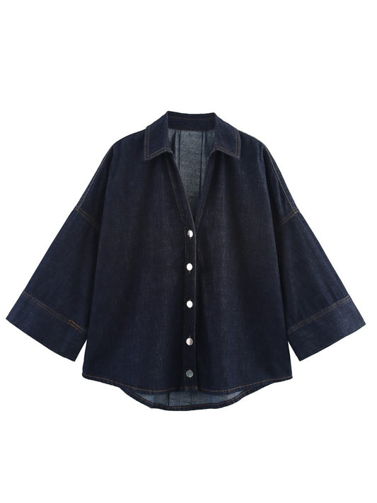 XNWMNZ 2025 Summer Woman's Casual Commuting Long Sleeve Denim Long Sleeve Top Simple Lady Blue Turn-down Collar Fashion Shirt