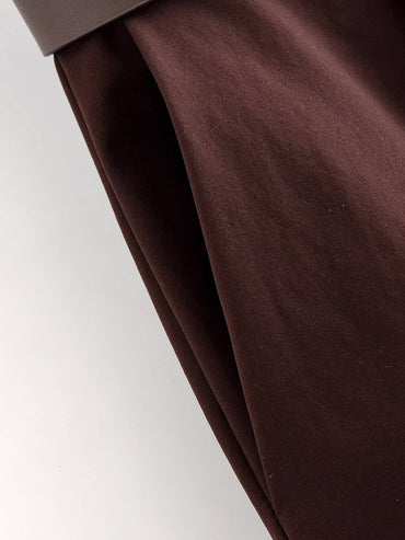 Tidalyf 2025 Women Vintage Brown Wide Leg Pants with Metal Belt High Waist Casual Trousers