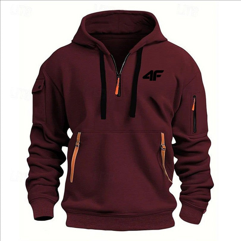 2025 Men's hooded sweater casual sports jumper vintage Harajuku long sleeve zipper multi-pocket casual loose coat Street