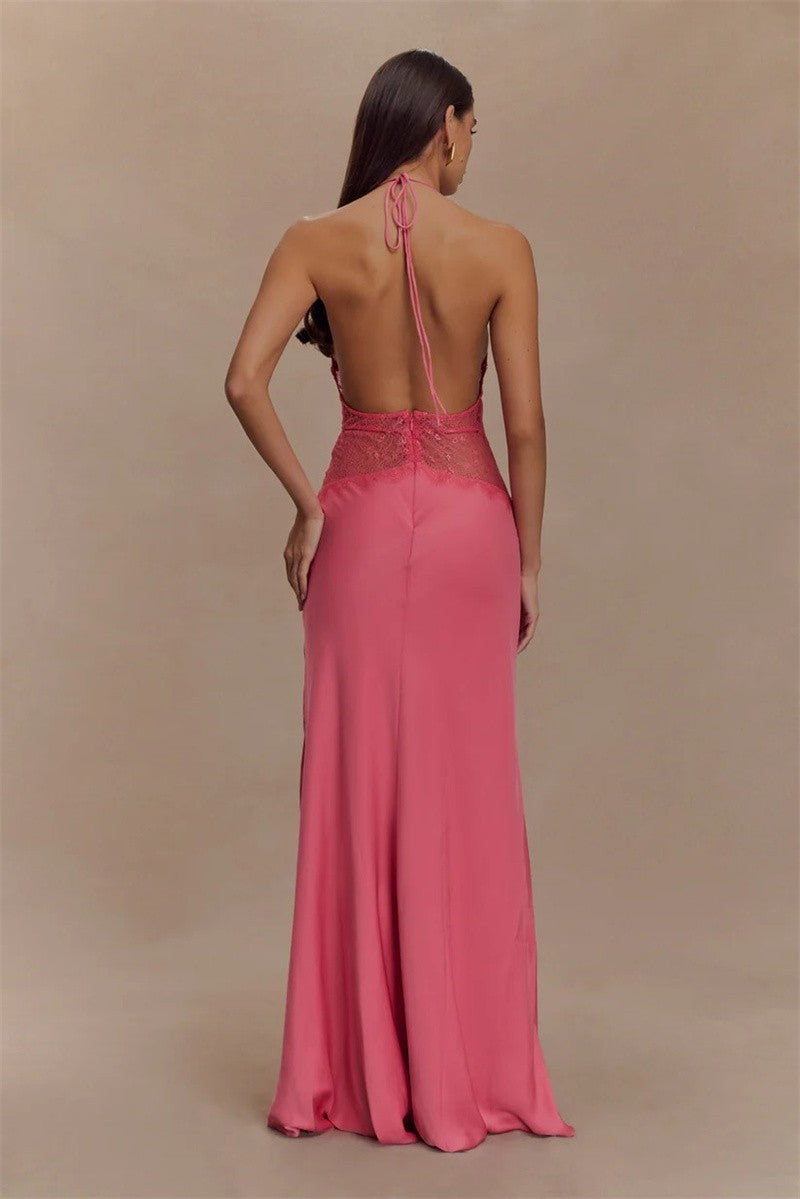 Mozision Summer Backless Sexy Maxi Dress Women Gown Patchwork Lace Halter Deep V