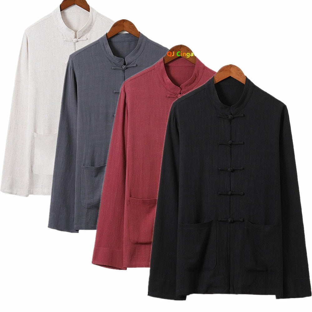 Chinese-style Men's Black Long-sleeve Shirt, Cotton-linen Blend Stand-up Collar Shirts, Available in Burgundy, Beige, and Gray.