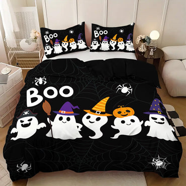 3 capas de edredom fofas de fantasma de Halloween, 1 capa de edredom + 2 fronhas, sem enchimento. Conjunto de cama macio e confortável, lavável à máquina