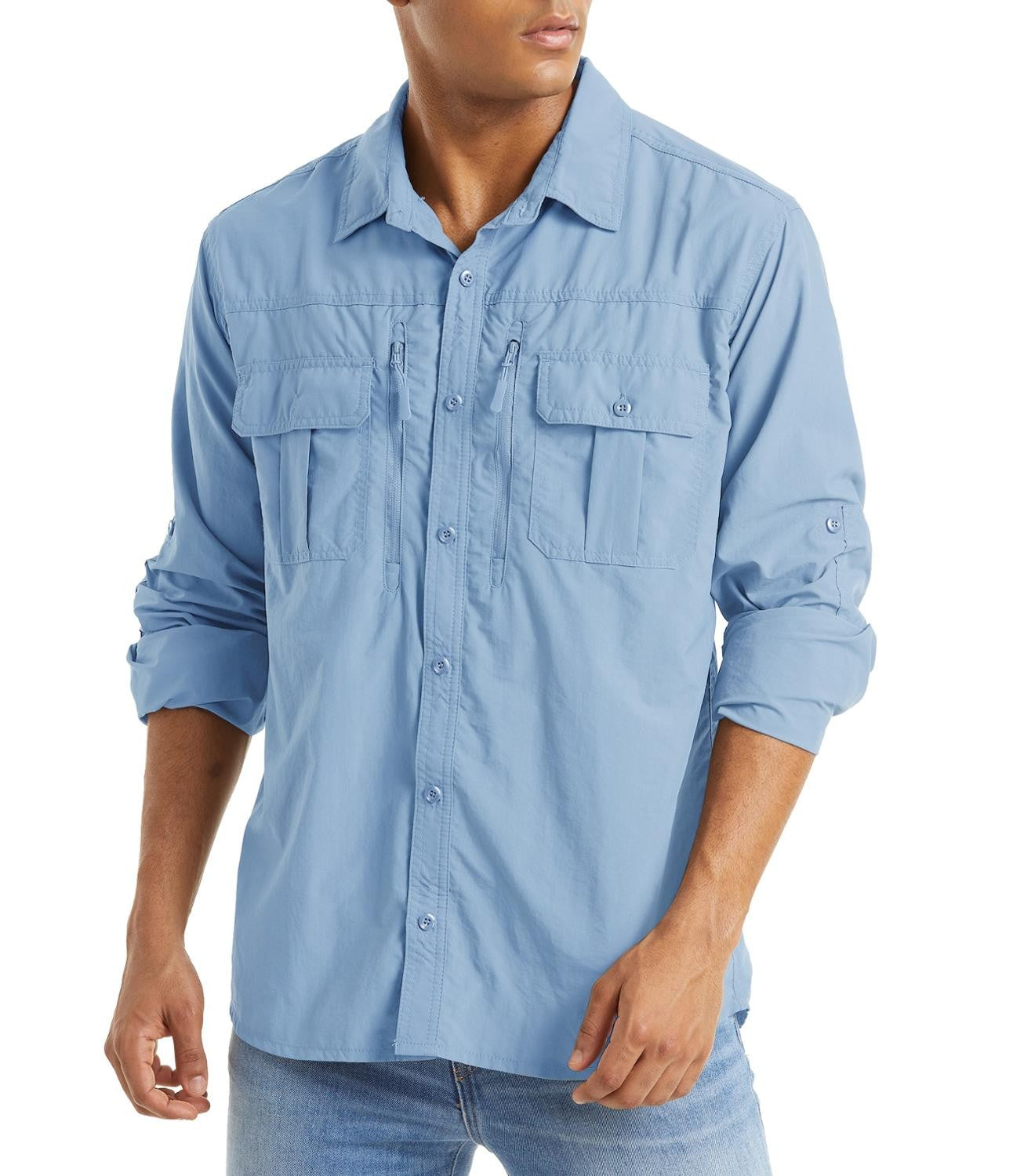 TACVASEN With 2 Chest Zipper Pockets Cargo Shirt Men's Quick Drying Skin Protective Long Sleeve Work Shirt Male Tops Outdoor