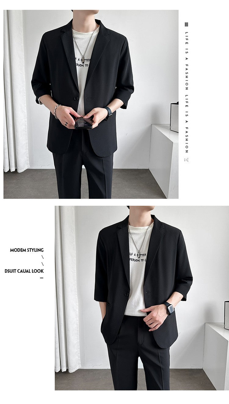 Men's Casual Seven-Five Sve Suit Jaet Thin Summer Faionable Korean Sle Five-Five ort Sve Small Western Clothes