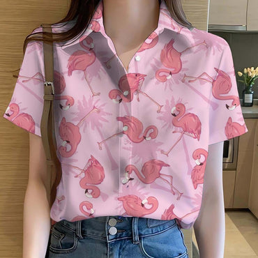 Womens Shirts Cartoon Animal flamingo 3D Printed Casual Hawaiian Short Sleeve Button Beach Shirt Summer y2k Women's Clothes