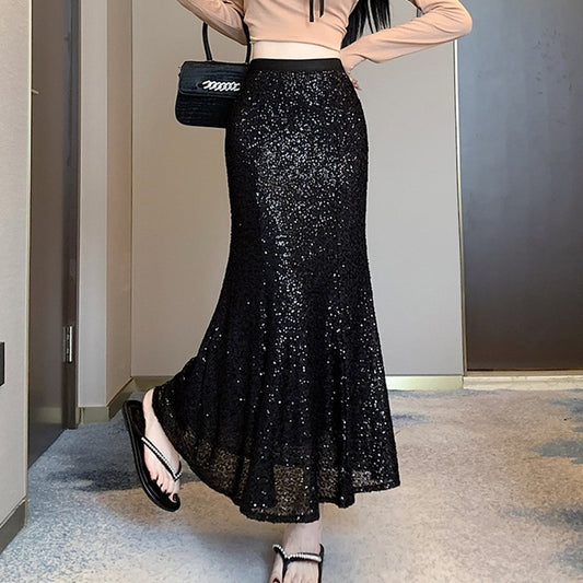 Elegant Sequined Long Black Skirts Women High Waist Party Club Faldas Largas Korean Fashion Y2k Clothes A Line Mid Length Skirt