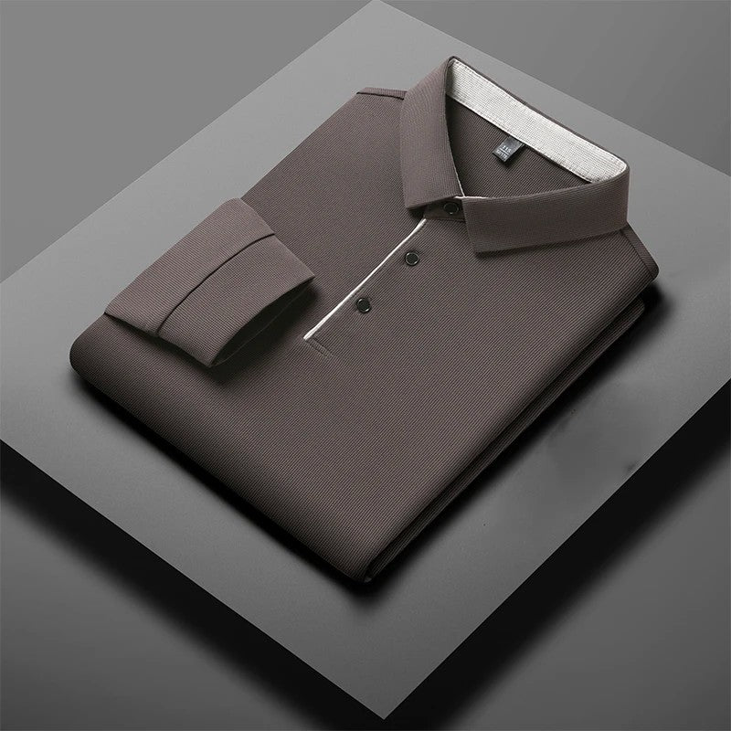 New Men's Business Casual Long Sleeve Solid Color Polo Shirt Fashionable Warm Comfortable Four Seasons Versatile Top