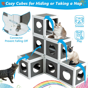 Cercadinho Gatos ao Ar Livre Deluxe - Catio de Madeira Maciça com 2 Plataformas de Salto, 7 Casas Aconchegantes e Acesso Caminhável