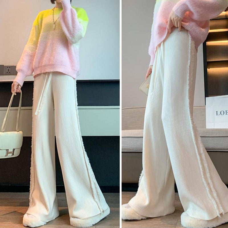 Smvp 2024Autumn Winter Casual Loose Ankle Length Trousers Lady Korean Raw Edge Drawstring Elastic Waist Slim Wide Leg Pant Women