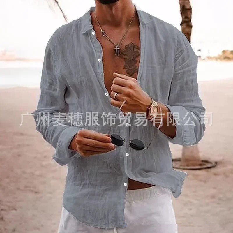 2025 Men's Cotton Linen Shirts Top Simple Laple Solid  Man Shirts Tops Comfortable Loose Casual Holiday Shirts for Men Blouses