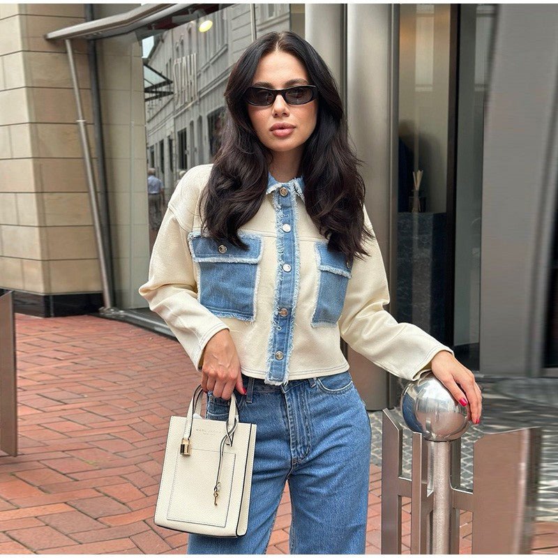 Women 's Jackets Laple Denim Patchwork Fringes Big Pockets Single Breasted Long Sleeve Coat Female 2025 Spring New Lady Outwears