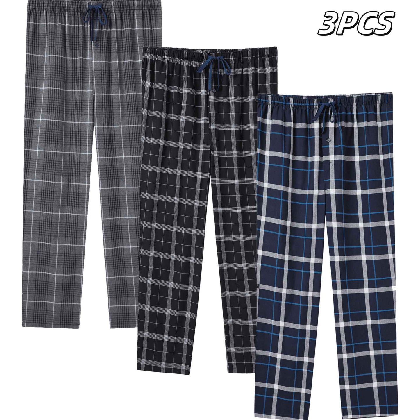 3pcs Men's Pajama Bottoms Spring/Summer Cotton Thin Plaid Sleep & Lounge Pants with Pockets and Elastic Waistband